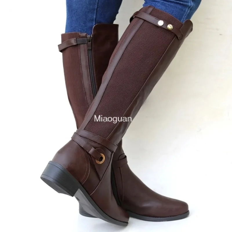 Bottes en cuir PU à talon épais pour femmes, chaussons longs, bottes hautes au genou pour dames, chaussures gothiques, mollet large, automne, hiver