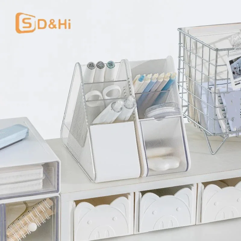 Plastic Slanted Pen Holder Multi Compartments Clear Slots Perfect For Home Office School Study Desk Use