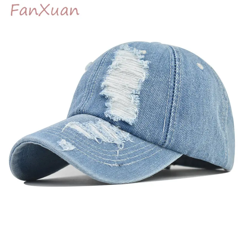 

Distressed Ripped Denim Baseball Cap for Men Women's Caps Cotton Jeans Blue Summer Hats for Women