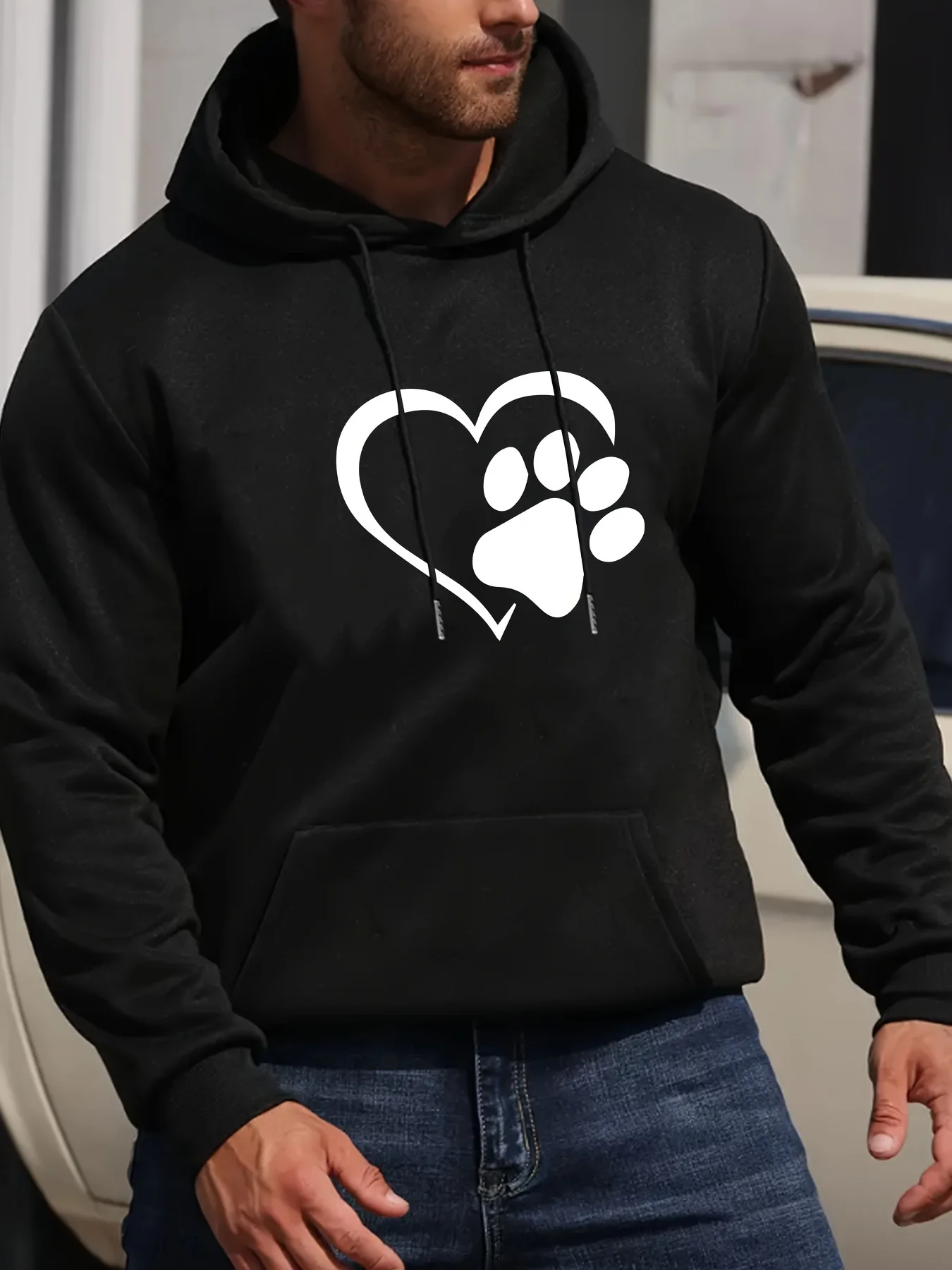

Men's Fleece Hooded Sweatshirt with Heart & Paw Print - Cozy Pullover Hoodie, Kangaroo Pocket, Black & White Pet Lover Design