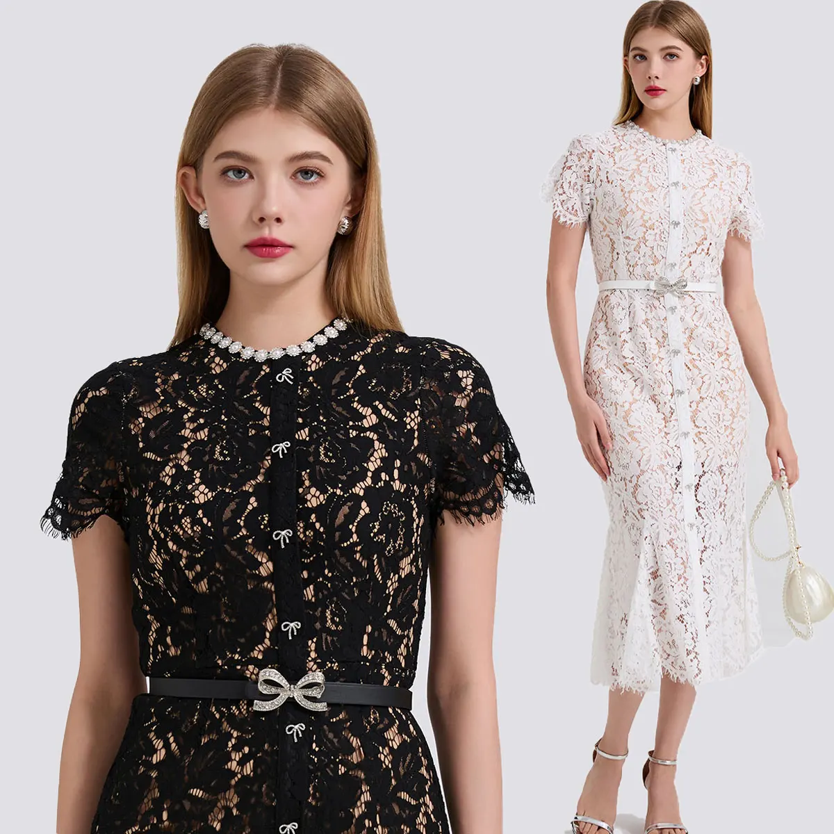 

High end elastic lace nail drill bow belt large swing dress slim fit hip hugging fishtail skirt