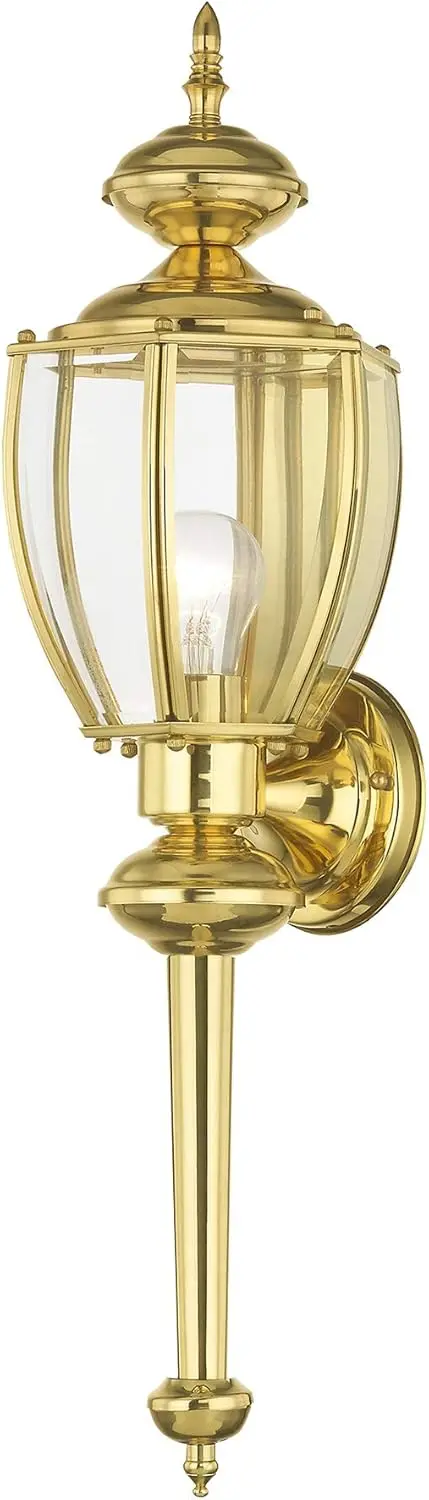 

Outdoor Wall Lantern with Clear Beveled Glass, Polished Brass, 7.25" Extension