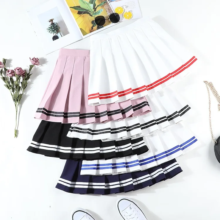 High Waist Elastic Women\'s Skirts Vintage Korean Style Patchwork Striped Pleated Female Sweet Mini Dance Plaid Skirt