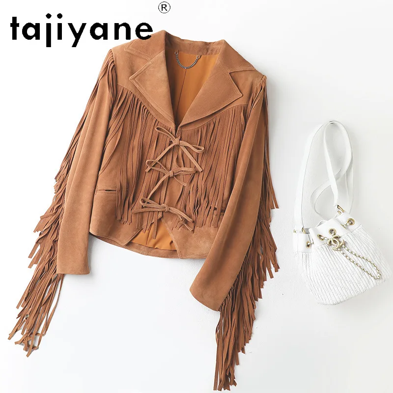 TAJIYANE Spring Genuine Leather Jacket Woman Short Overcoat Sheepskin Suede Womens Winter Coats Tassel Motorcycle Jackets Косуха