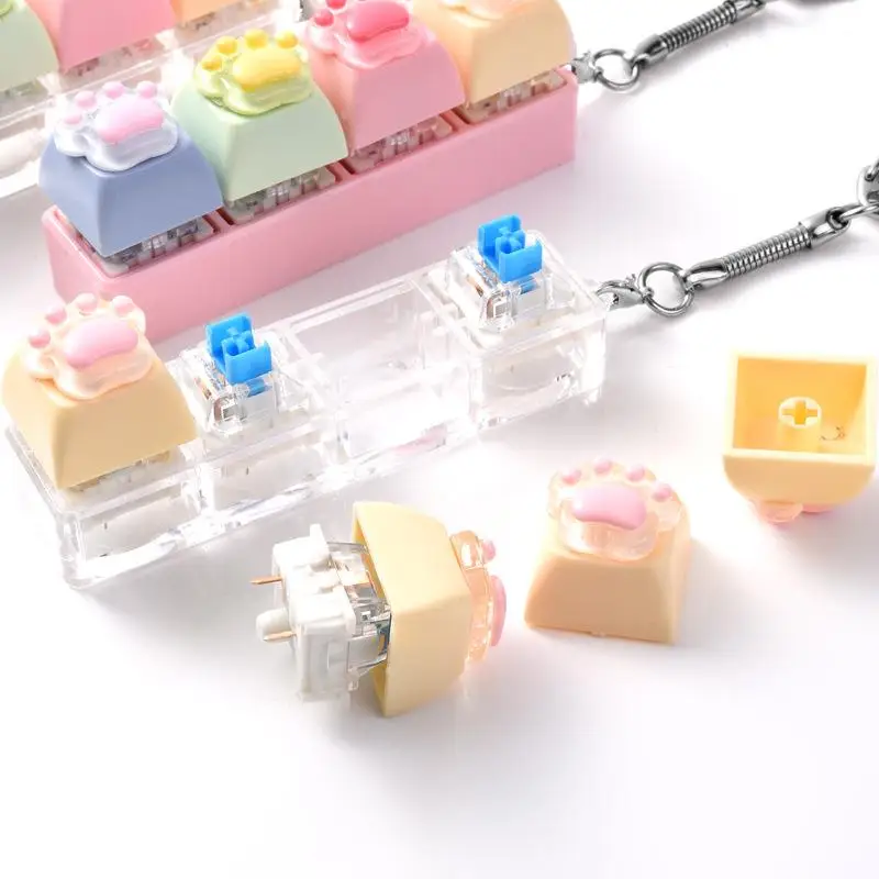 Cute Cat Paw Keyboard Switch Keychain Stress Relief Fidget Toys Clicky Mechanical Button Pendant Keyring Gifts