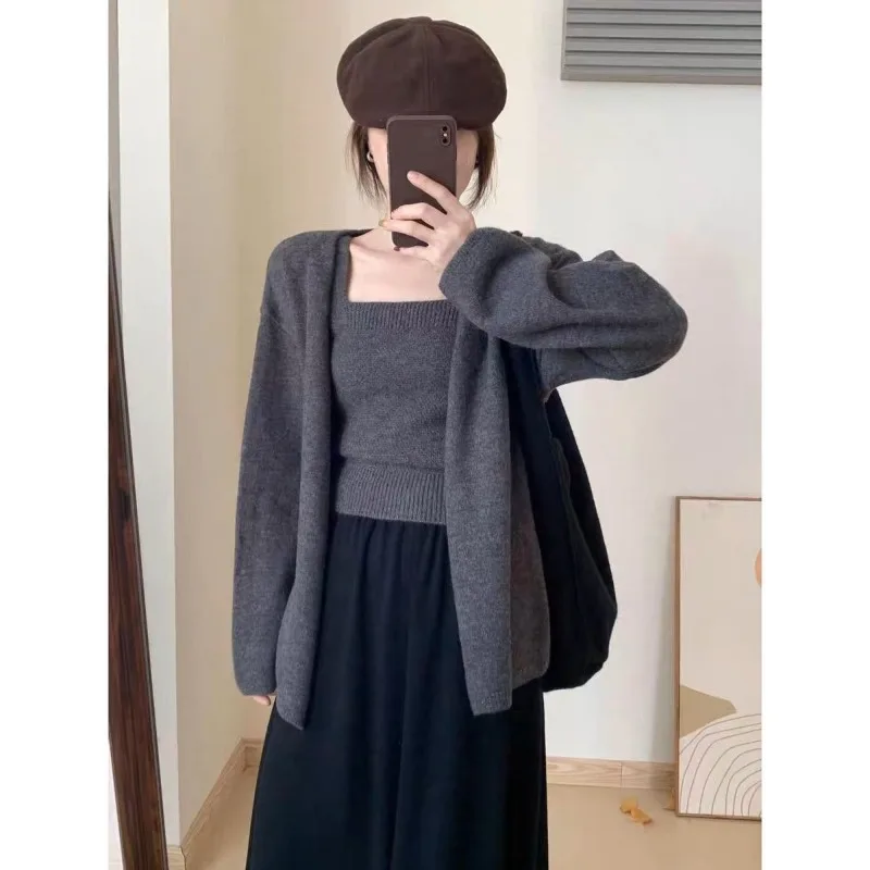 

Комплект из двух предметов, женский вязаный кардиган без рукавов, элегантный однотонный мягкий вязаный свитер средней длины, теплый толстый кардиган, модный комплект