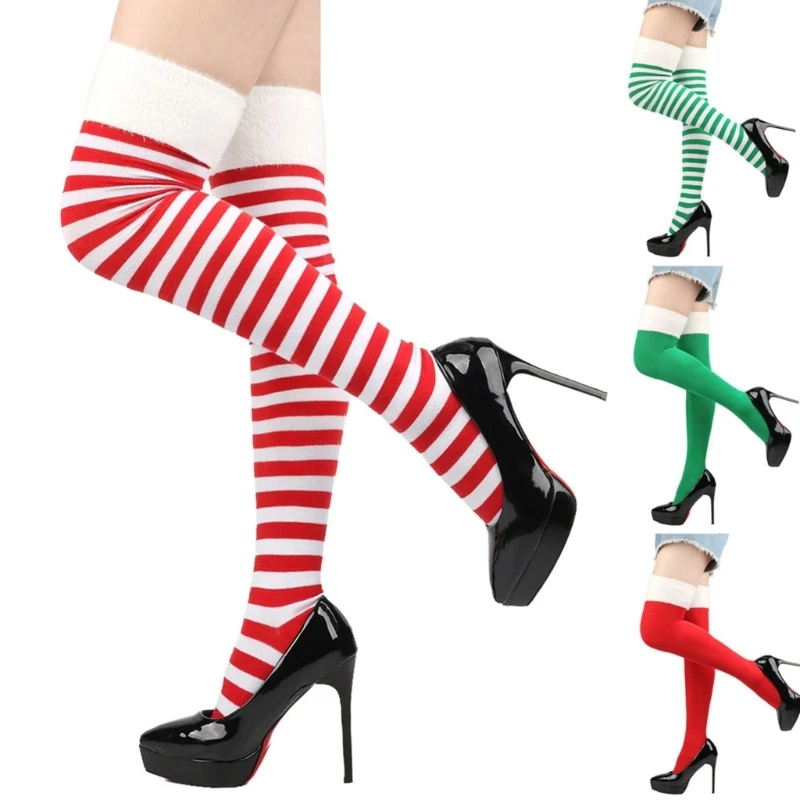 

Women Christmas Plush Top Striped Stockings Festival Holiday Thigh High Over Knee Long Socks Cosplay Costume Accessory