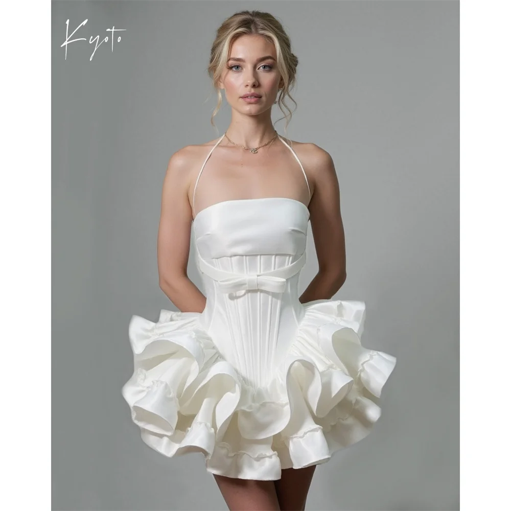 

Kyoto Customized Mini Pleats Ball Gown Wedding Dress Spaghetti Strap Halter Neck فستان زفاف Ruffled Waist Bow 2025Abito da sposa