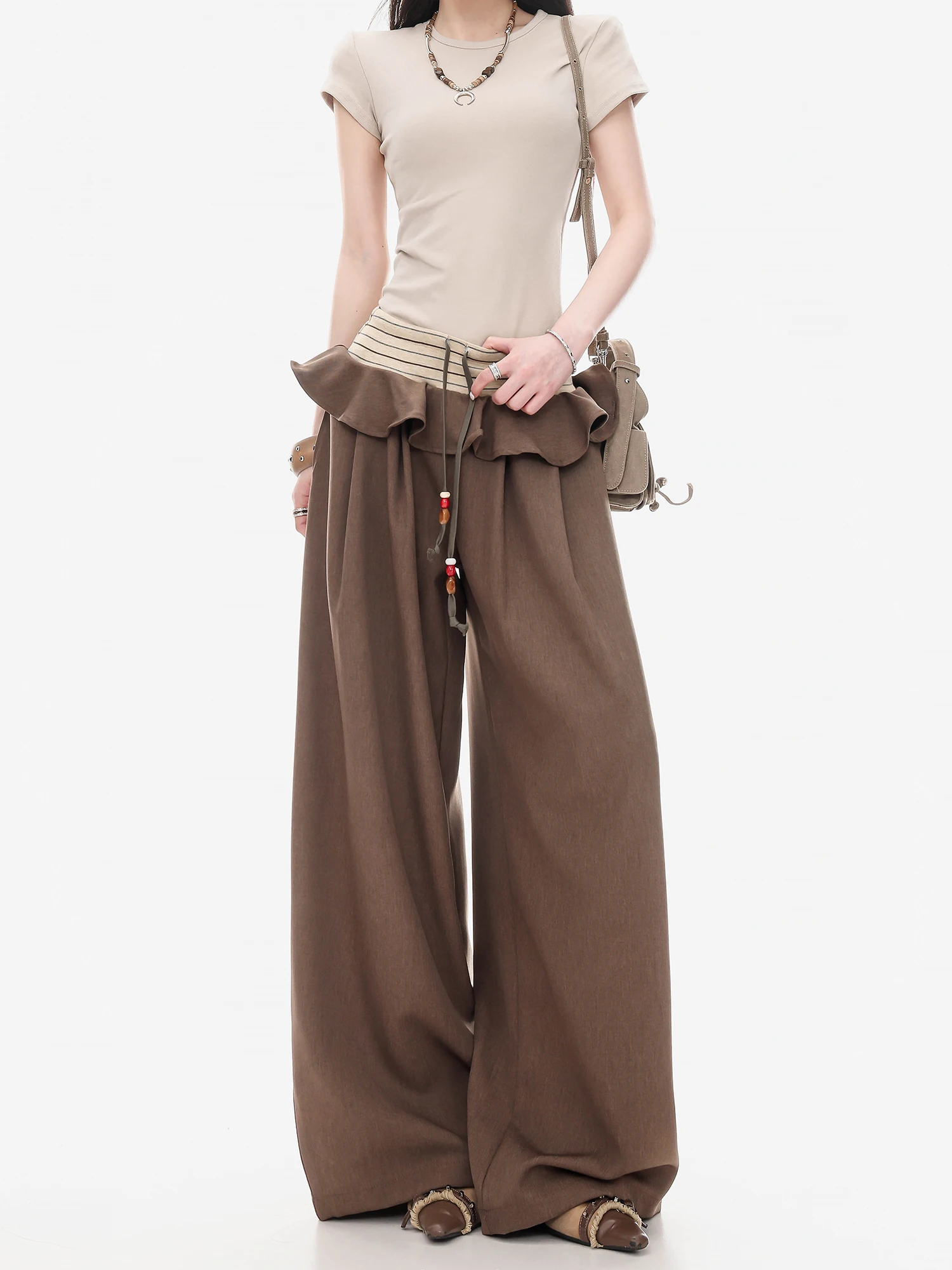 

Оригинальные женские брюки ABWLR с высокой талией, широкими штанинами и оборками по низу, свободные, струящиеся, с эффектом двухслойности, повседневные, с цветочным принтом