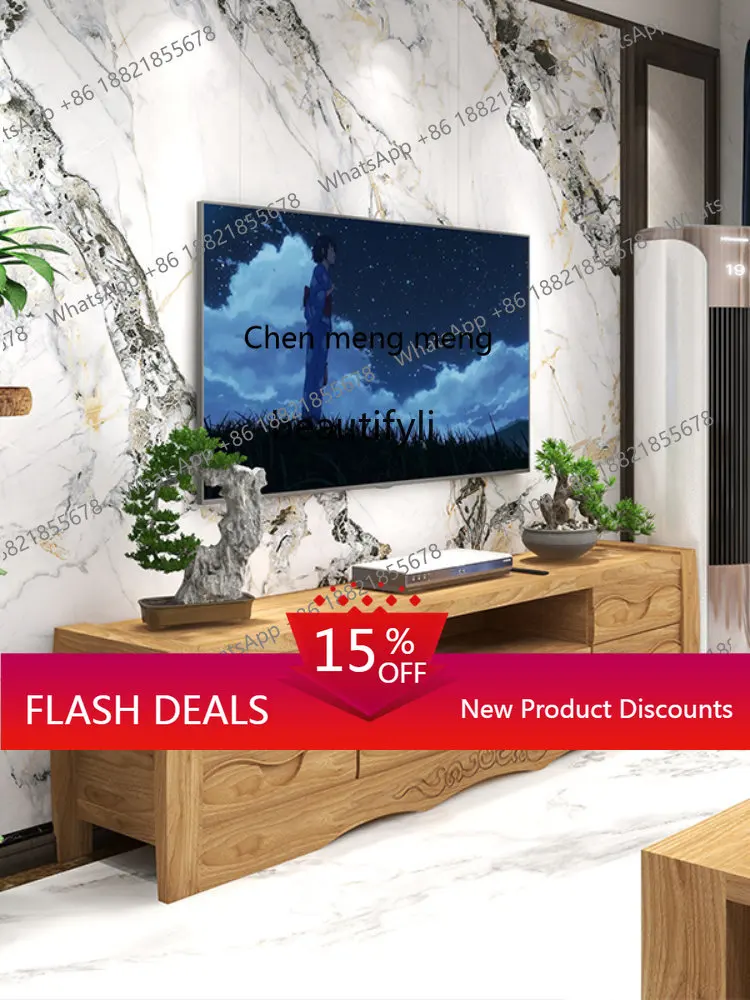 Solid Wood TV Cabinet Unit Wall Modern Style New Chinese Style Living Room Heightened Long Floor Cabinet Wood Color