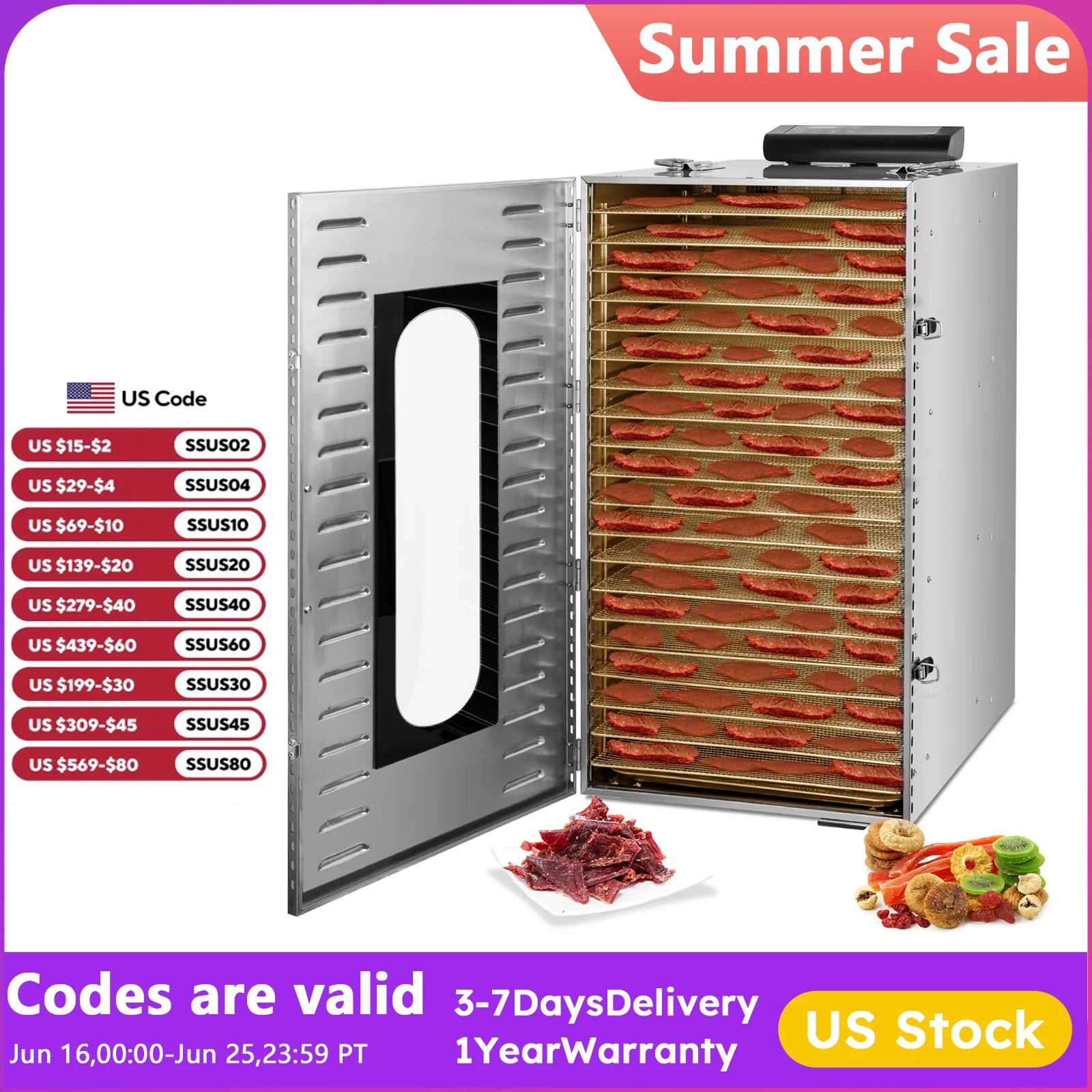 Stainless Steel Food Dehydrator 20 Trays Commercial Dehydrators Dryer for Fruit, Meat, Beef, Jerky, Herbs with Adjustable Timer