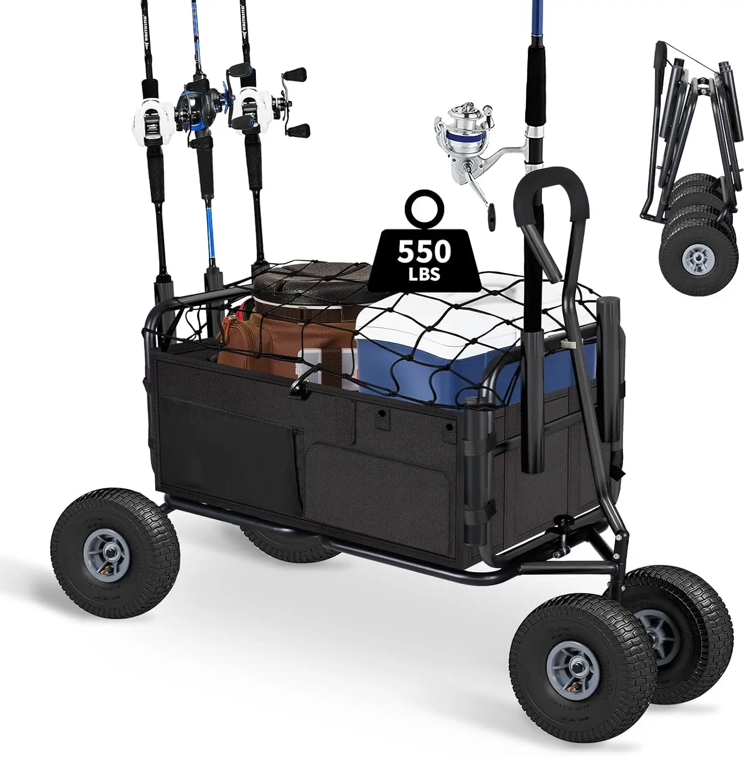 Polar Aurora Fishing Cart Beach Cart Collapsible Wagon w/11'' All-Terrain Wheels for Sand, Heavy Duty Garden