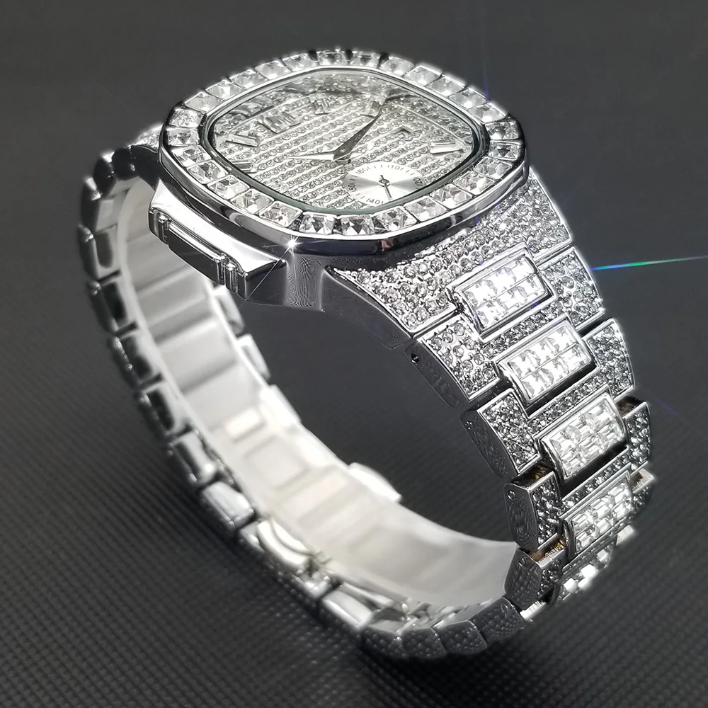 MISSFOX Classic Watches For Men Top Brand Luxury Full Diamond Silver Quartz Watch Fashion High End Stainless Steel Man Clock New