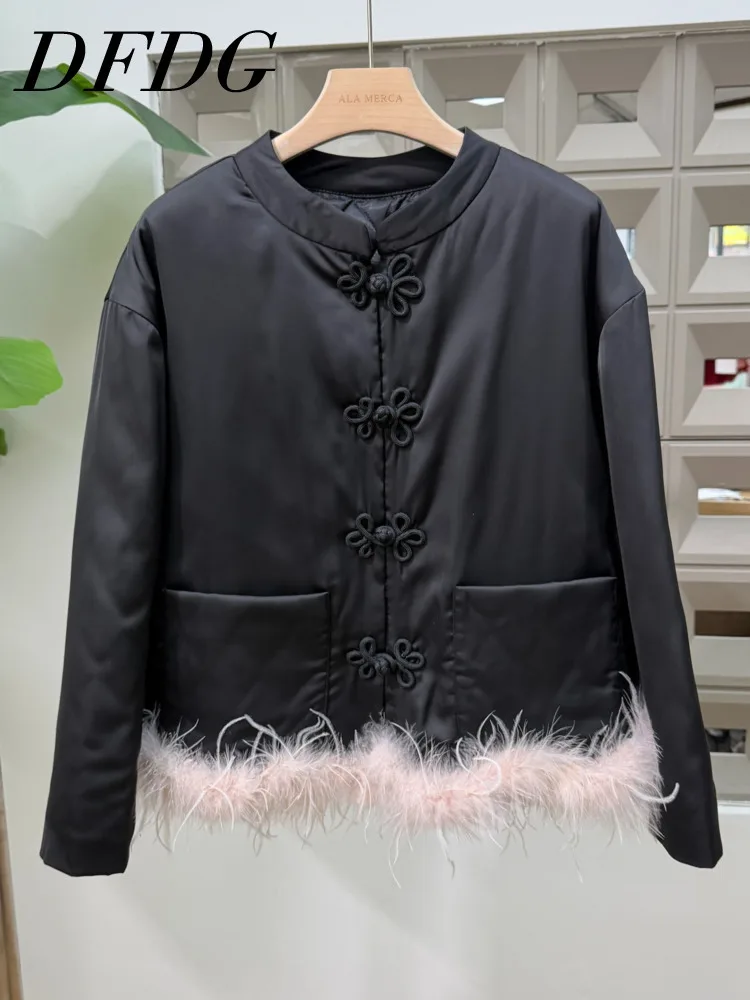 

DFDG Women’s 2025 Vintage Quilted Coat Fur Feather Trim Chinese Frog Buttons Patchwork Simple Chic Elegant Autumn Winter Jacket