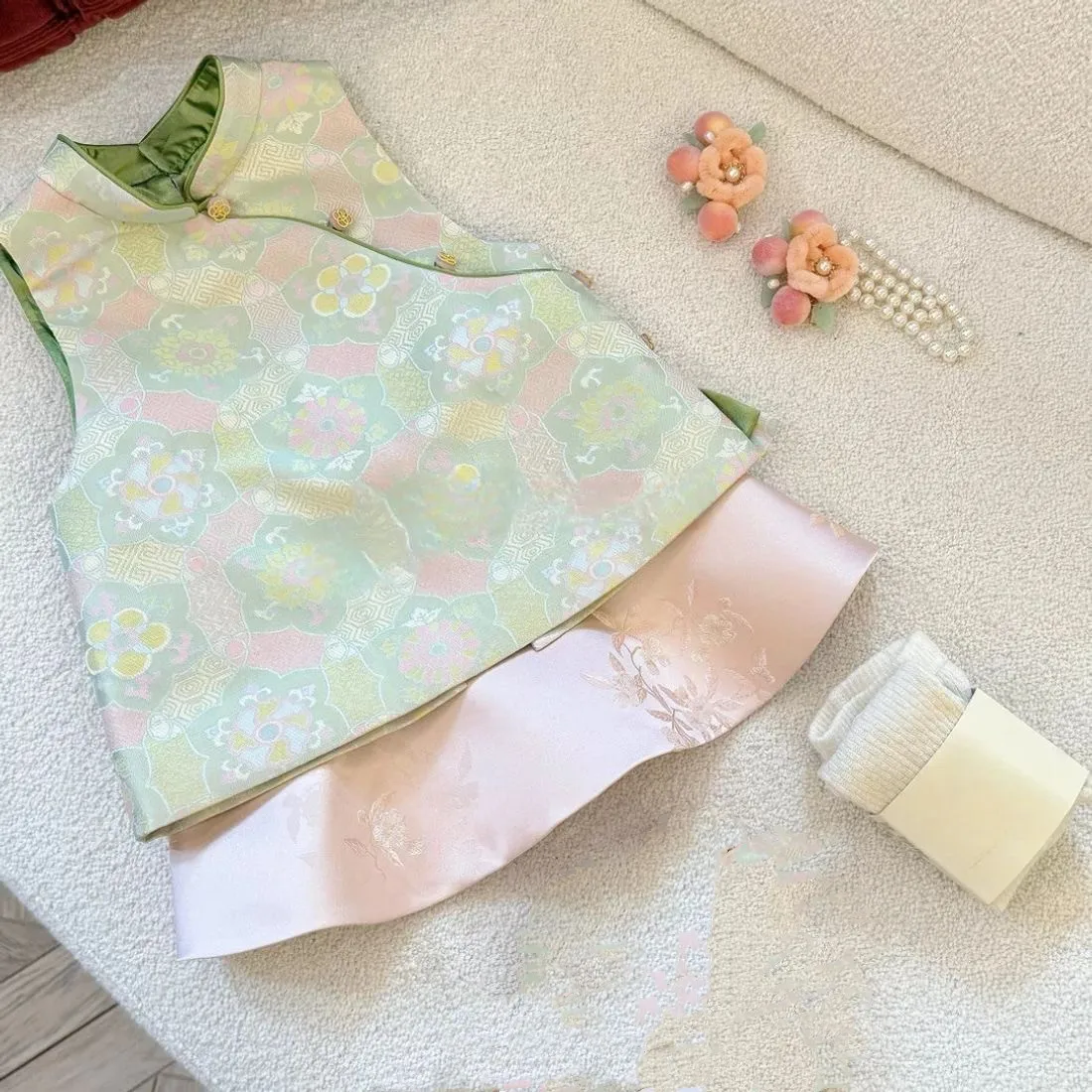 Girls New Chinese Style Song Brocade Vest Skirt 2-Piece Set Kids Birthday Dress Traditional Mandarin Collar Button-Up Outfit