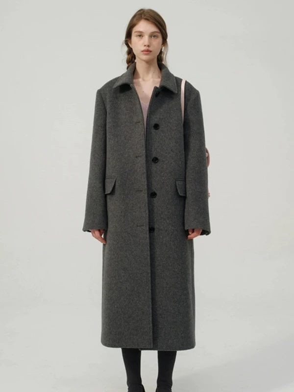 

Women's Long Woolen Coat Thebarnnet Retro Lapel Single Button Slimming Bla Wool Coat Korean Sle Commute Faion