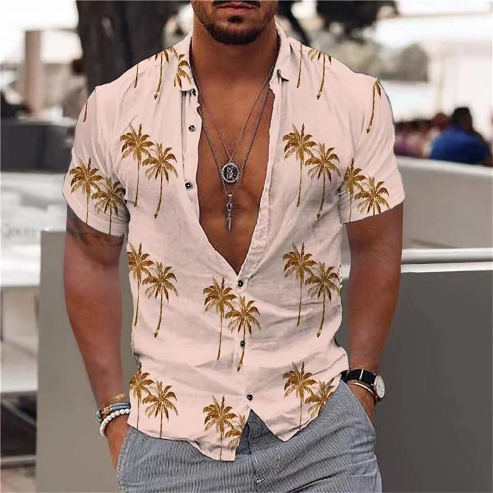 2023 New Men\'s Hawaiian Beach Short Sleeve Shirt with Coconut Tree Print Pattern Men\'s Street Casual High Quality Polo Top