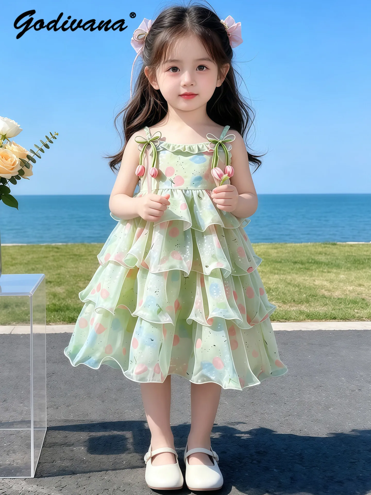 Sweet Baby Girls Elegant Floral Suspender Cake Dress 2026 Summer New Kids Fashion Sleeveless Sequin Pearls Bow High Waist Dress