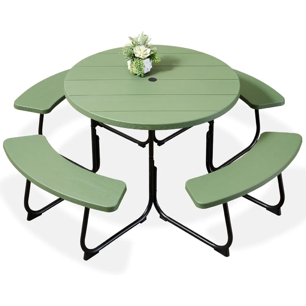 

8-Person Outdoor Bench Patio Picnic Table, Circular w/ 4 Built-in Benches and Umbrella Hole, 2000lb Capacity - Green