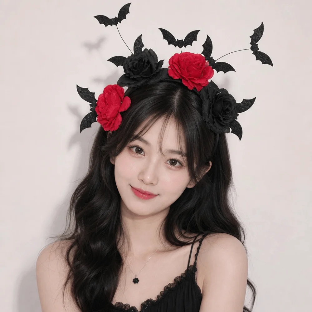 Black Artificial Flowers Halloween Headband Lace Design Spider Web Witch Hairband Rose Flower Bat Party Role-playing Accessory