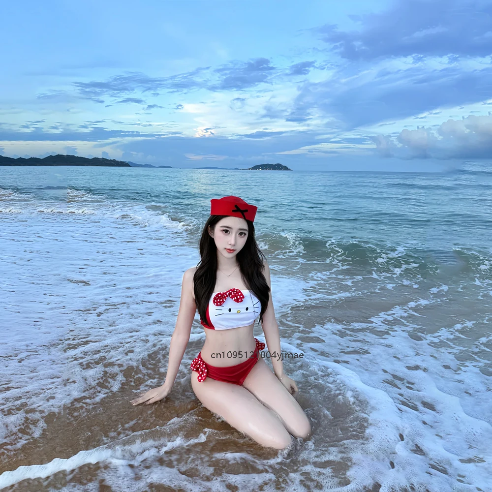 

Сексуальное бикини Hello Kitty Sanrio, милый купальник для девочек с героями мультфильмов, женский раздельный купальник, купальный костюм для отдыха на море, быстросохнущий