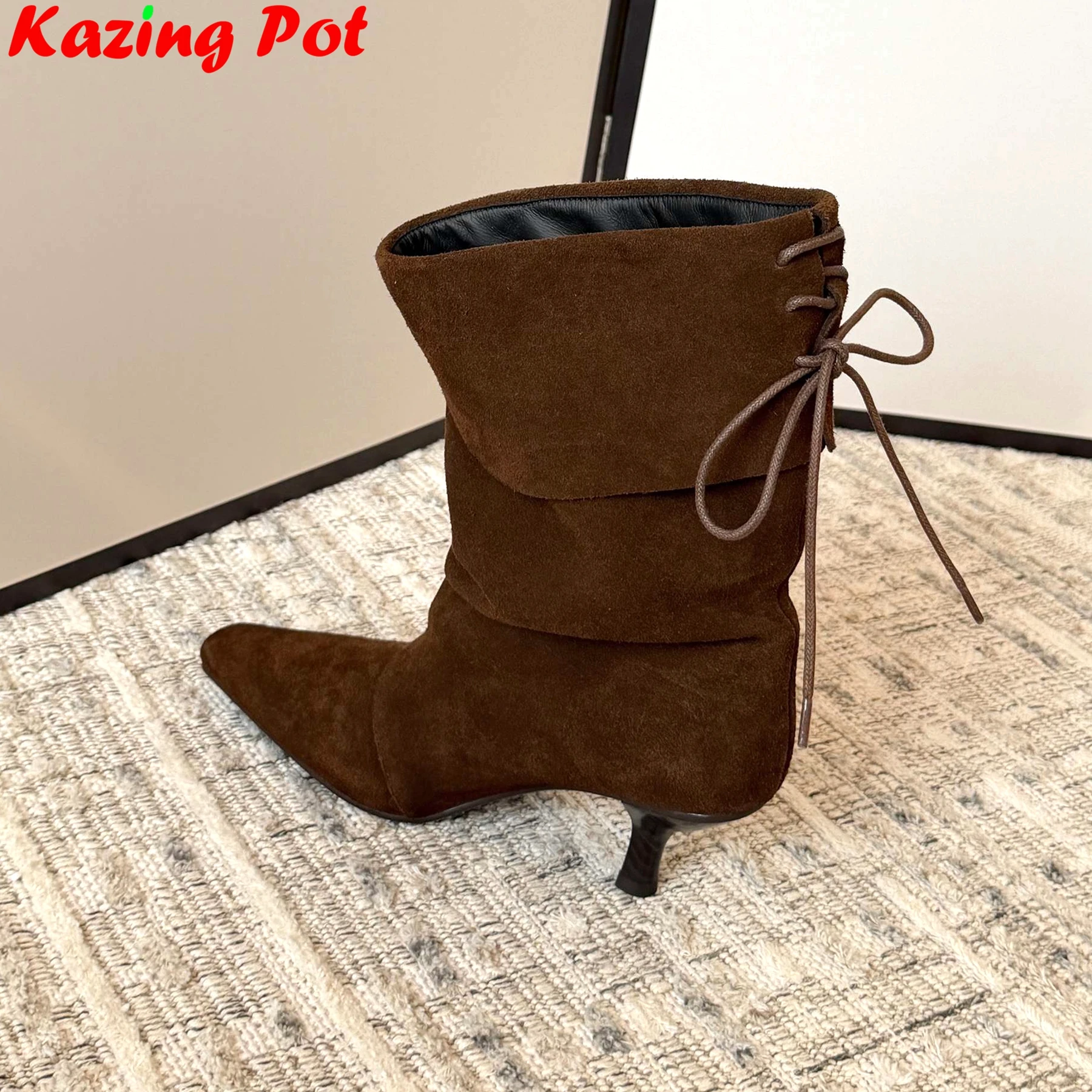 Cow Suede High Heels Pleated Modern Boots Warm Winter Shoes Catwalk Dating Office Lady Retro Cross-tied Ins Women Mid-calf Boots