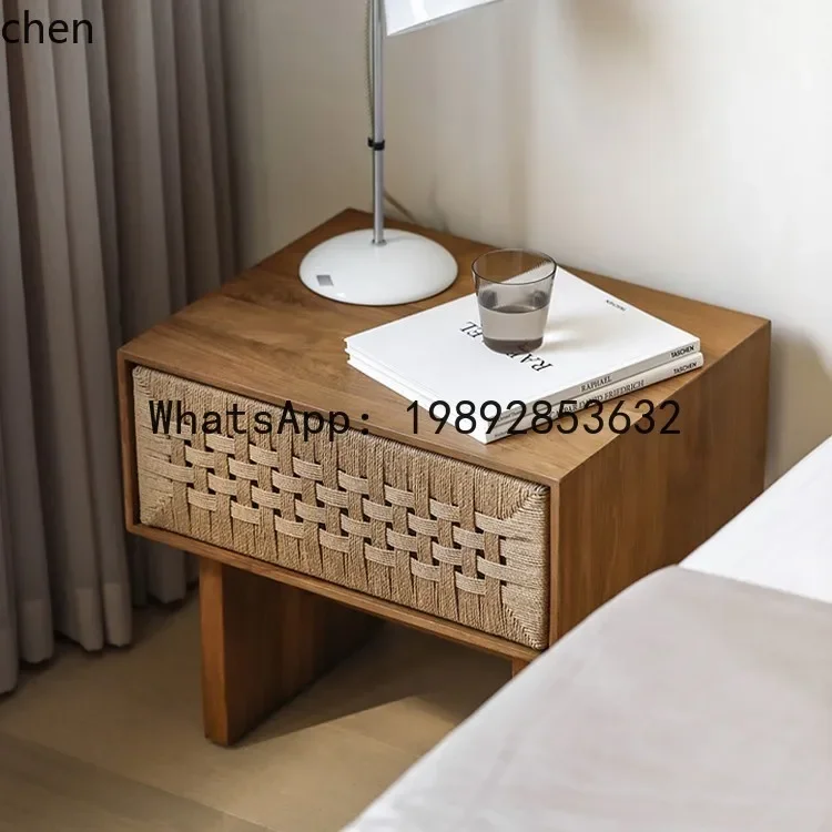 H29-  ZK Rattan Rope Woven Solid Wood Bedside Table Nordic Bedside Cabinet Wabi-Sabi Style Pure Solid Wood Vintage Style Side