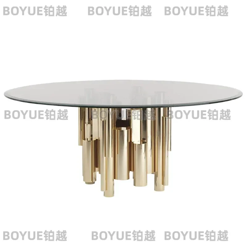 Italian Modern Luxury Dining Table with Tempered Glass Marble Top and Turntable High End Villa Furniture Round Kitchen Desk