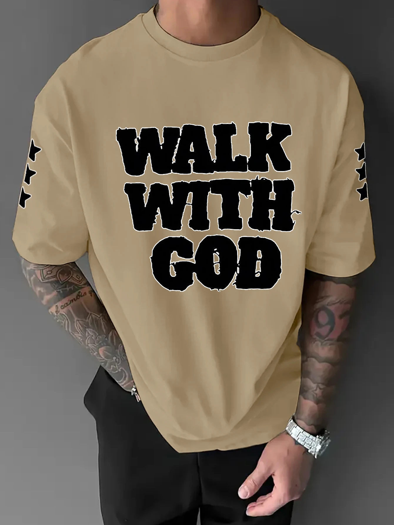 Oversized Men Crew Neck T-Shirt, Walk With God Faith Letter Front Graphic Print Short Sleeve Casual Streetwear Tee