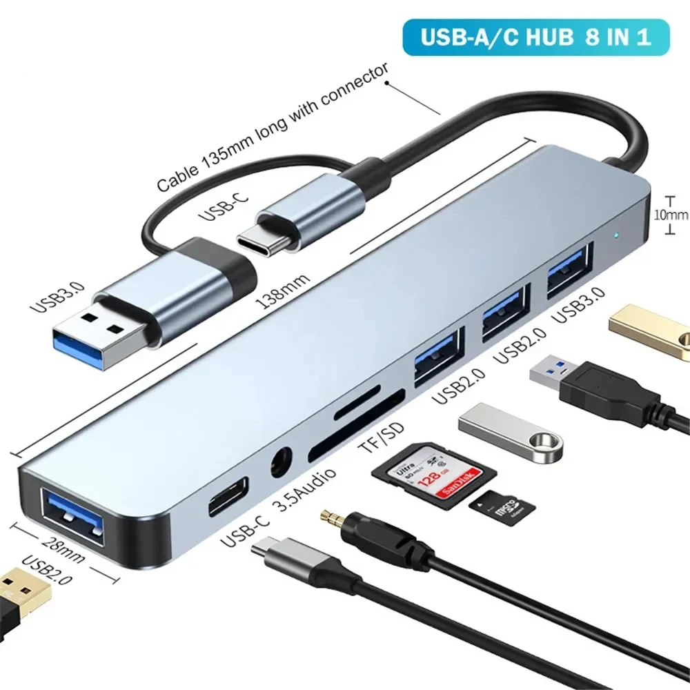 8 In 2 USB A Type C Hub Concentrator Docking Station Multi Adapter Card Reader Audio Multi-hub Dock Splitter For Laptops Macbook