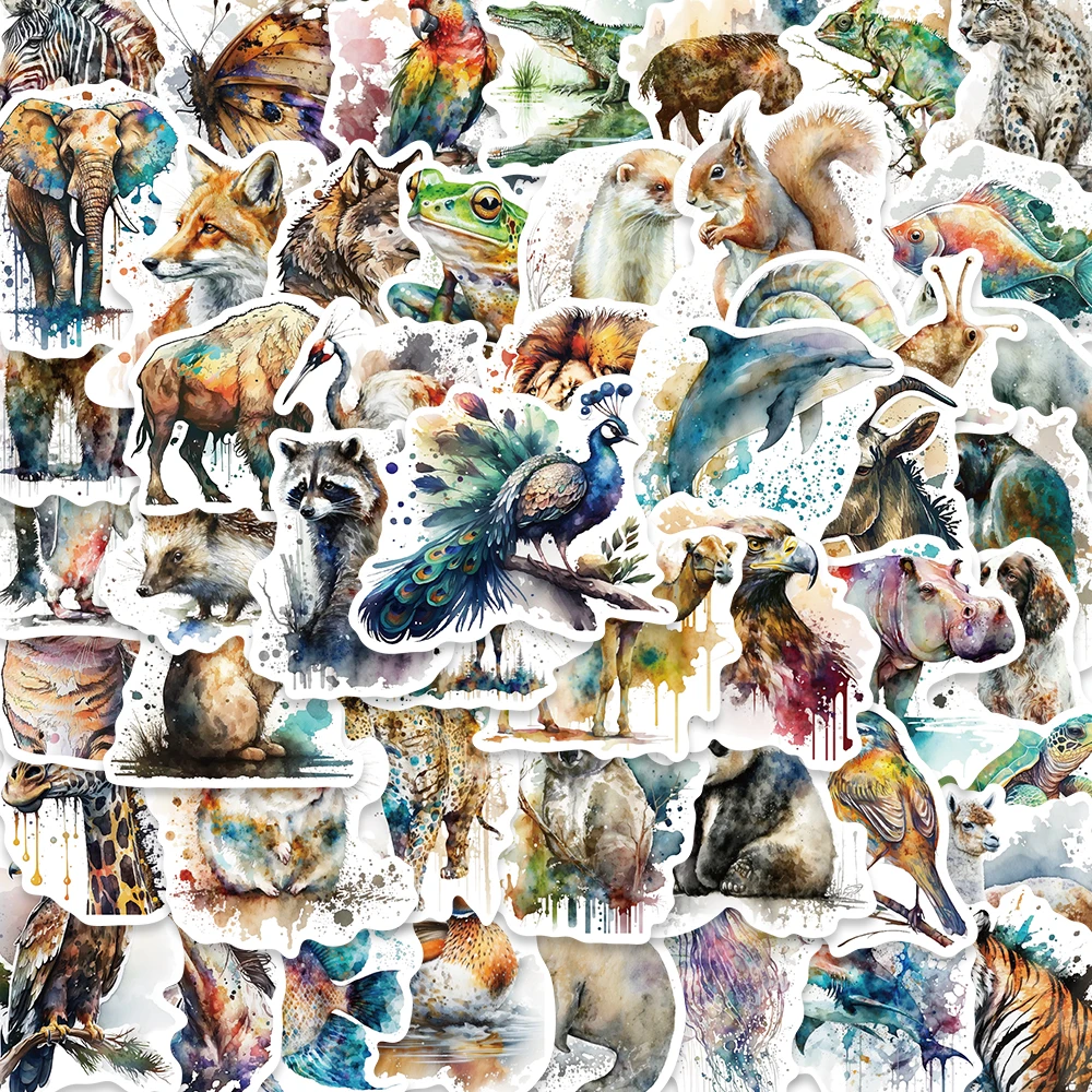 10/50PCS watercolor animal PVC graffiti stickers, aesthetic decorations, scrapbooks, DIY children's mobile phones, stationery