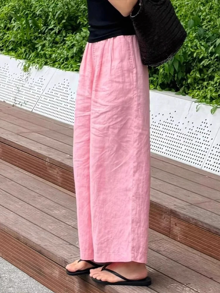 

Розовые льняные повседневные брюки для женщин, летние, тонкие, с эластичным поясом, широкие, укороченные (7/8), свободного кроя, с высокой талией, в корейском стиле