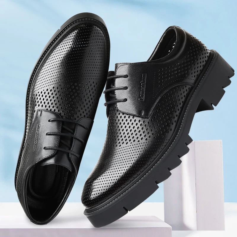 

Men Hollow Summer / Winter Platform High Heel 4/7/9 CM Height Growth Formal Men Derby Leather Shoe Man Dress Shoes Elevator