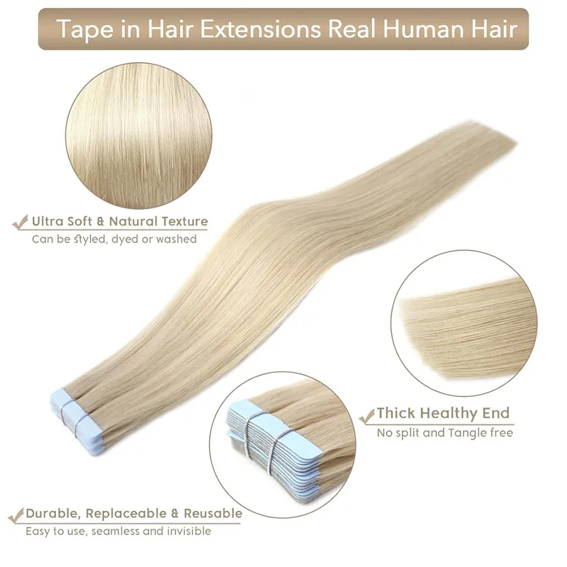 Vsr Tape Hair 24 inch Platium Blonde Tape In hair extensions human hair Full Head 20Pcs Blue Glue Tape Hair Extensions