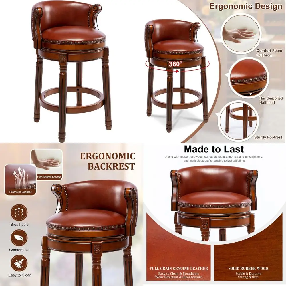 등받이와 발판이 있는 가죽 쿠션 회전 바 스툴, 카운터 높이, 가정 및 주방용 고무나무로 제작
