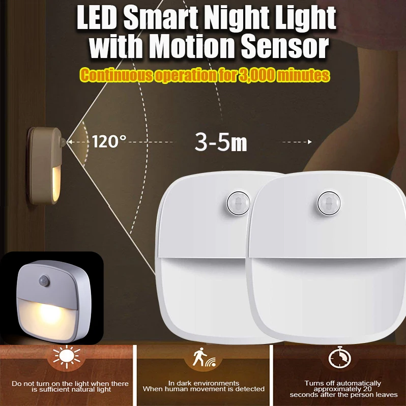 

1-6 шт. светодиодных умных ночников с датчиком движения, светильники для кухонных шкафов, лестниц и коридоров, настенные светильники