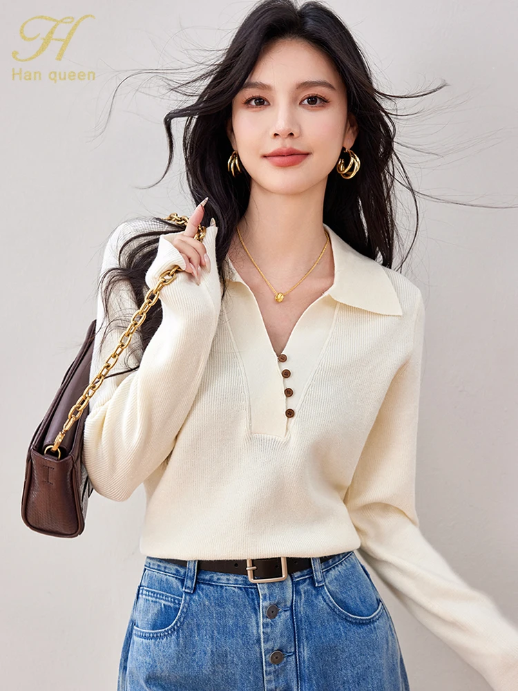 H Han Queen Autumn Winner Tops Loose Long Sleeve Women Sweaters Elegant Simple Vintage Casual knitted Pullovers Sweaters Female