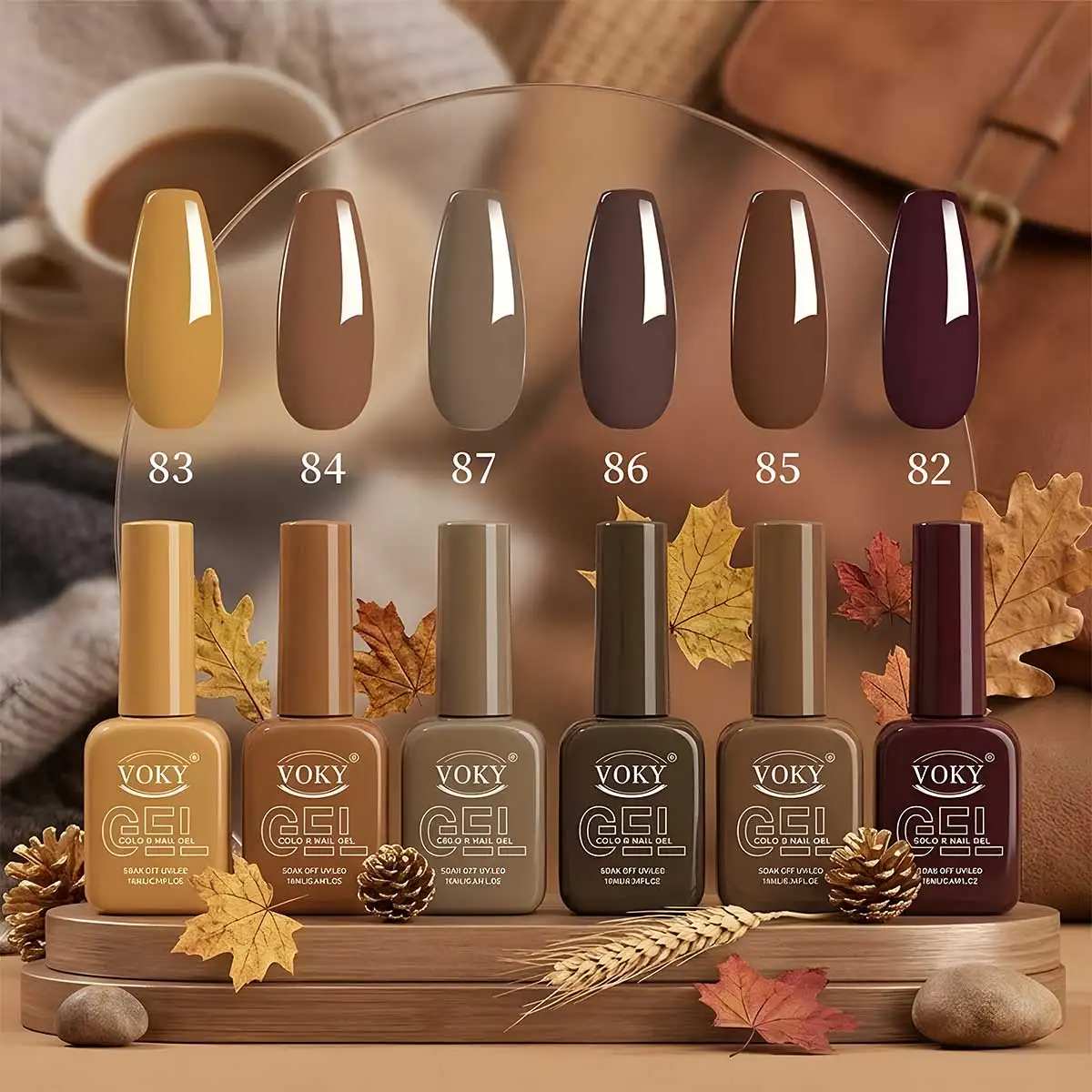 6-piece autumn and winter gel nail polish set, including UV LED nail removal gel kit, high gloss, solid colors in coffee brown, camel, and burgundy, suitable for DIY nail art in autumn