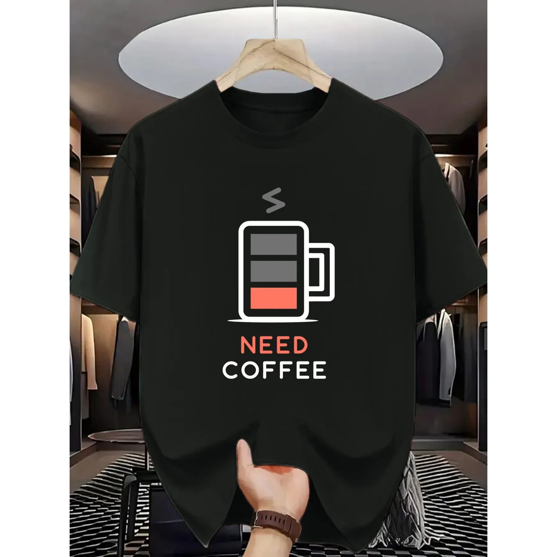 Need Coffee Battery Level Graphic Tee Soft Cotton Short Sleeve T-Shirt For Daily Wear