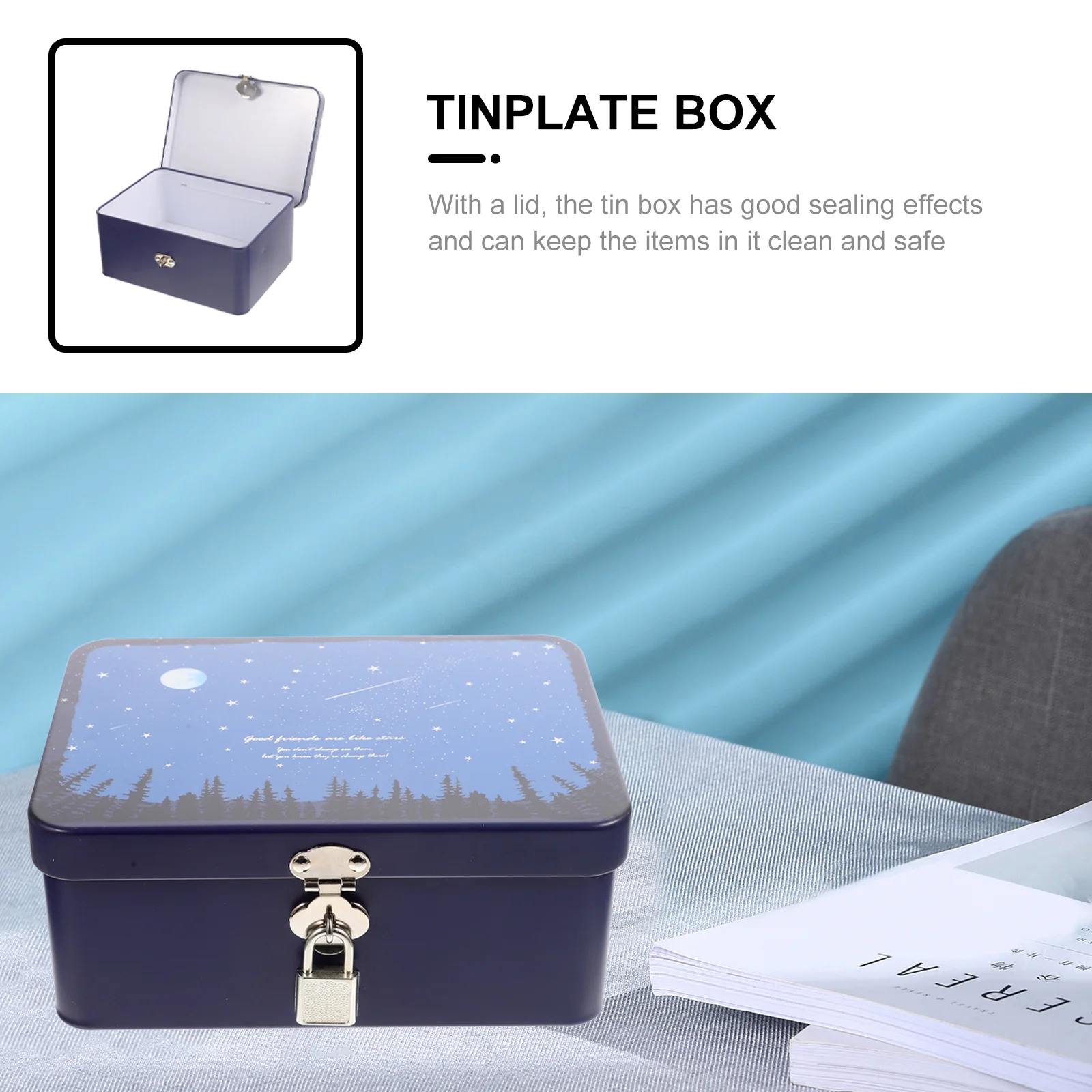 Storage Tin Box with Lock Sturdy Case Container Coin Tinplate Containers Important Document