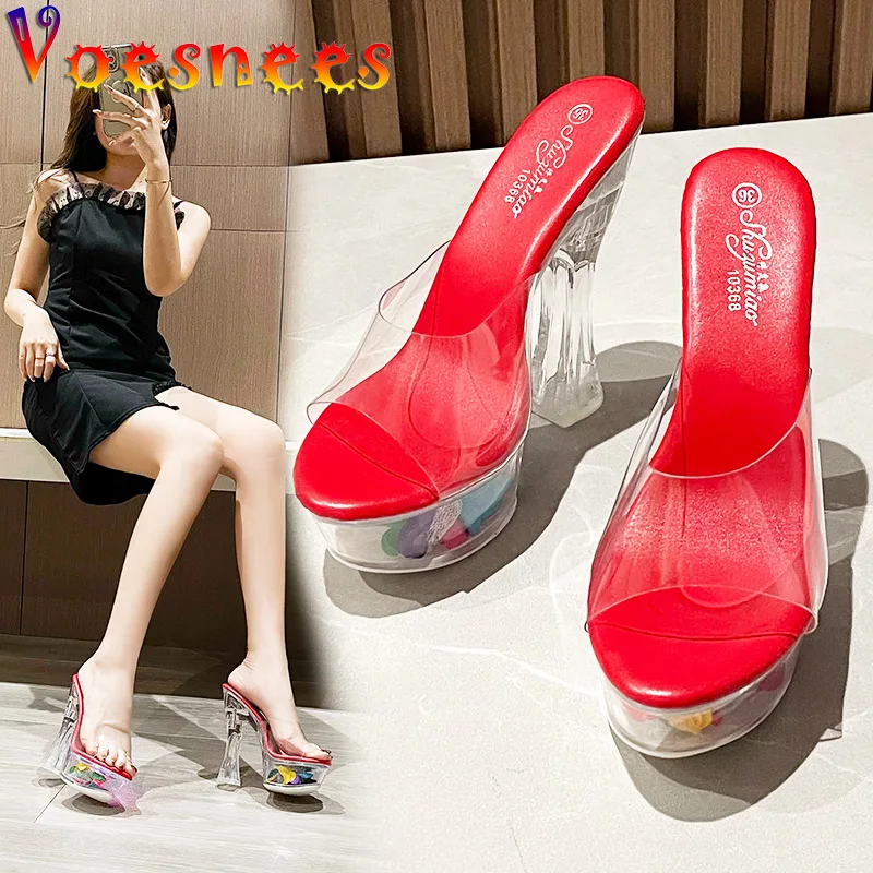 Summer 14CM Ultra-high Heel Slippers Woman Transparent Crystal Party Shoe Waterproof Platform Sexy Perspex Sandals Petal Shoes