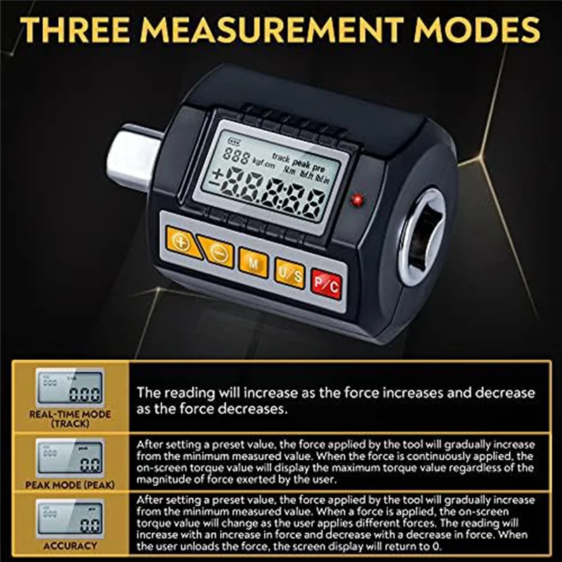 Adaptador de llave dinamométrica digital 1/2, 3/8 pulgadas, función de memoria de retroiluminación LED de 1/4 pulgadas, tiempo de trabajo de 50 horas para reparación de automóviles
