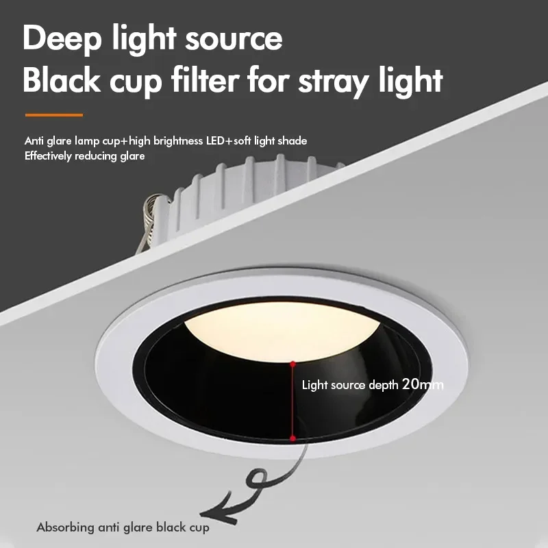 Round Anti-Glare Led Recessed Downlights 5W 7W 9W 12W 15W Hole Size 7.5cm 8cm 9.5cm Ceiling Lamp Spotlights for Indoor Lighting