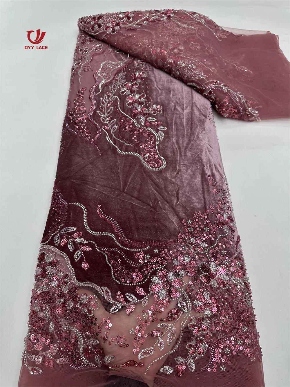 

2025 Sequins Lace Fabrics French Mesh Beads African Beaded Embroidery Lace Fabric With Sequence For Sewing 5 Yards