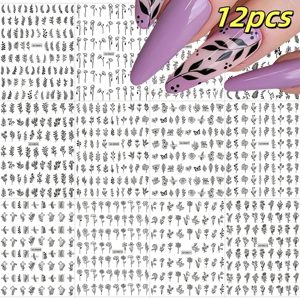 12pcs Black Floral Nail Art Stickers Palm Grass Leaf & Floral Designs Nail Art Decals Elegant Retro Flower Pattern Nail Supplies