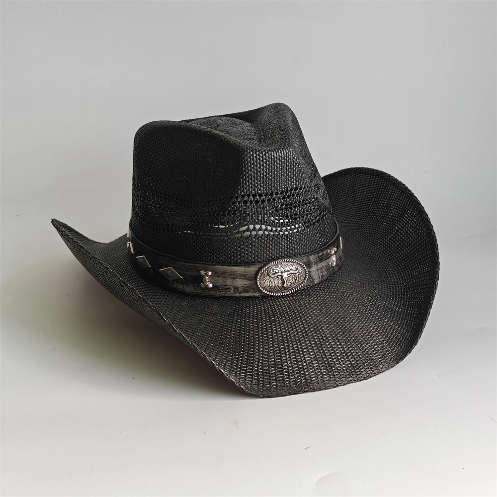 Cowboy Hat Straw - New Unisex Black Straw Cowboy Hat