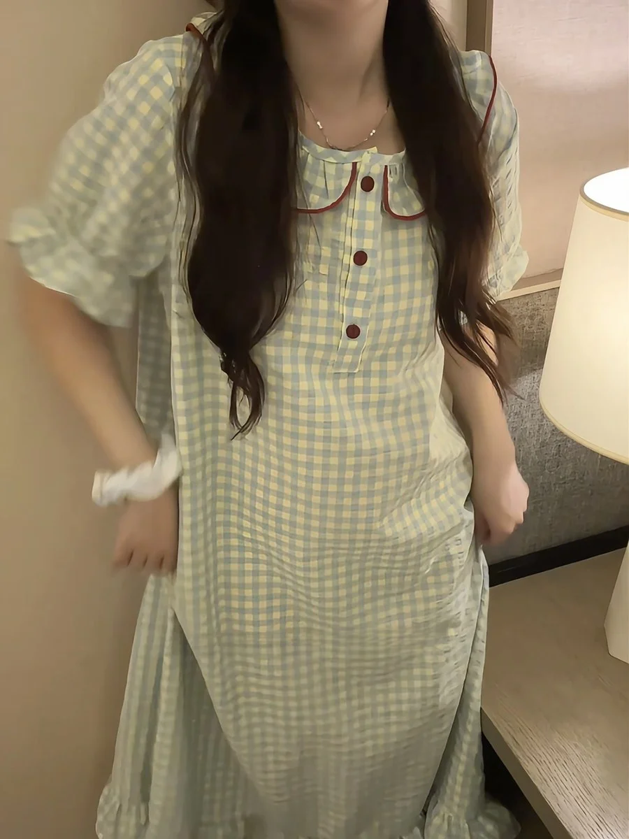 

Summer Plaid Sp Dr Women's ort Sve Home Clothes Student Pyjamas Trendy Sle Milk Silk Fabric Casual Home Scene