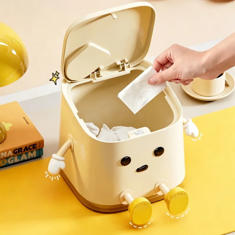 Kawaii Sitting‑Figure Tabletop Trash Bin, Press‑Open Small Desktop Garbage Can with Built‑in Cleaning Brush, Decorative Waste Container for Home Desk