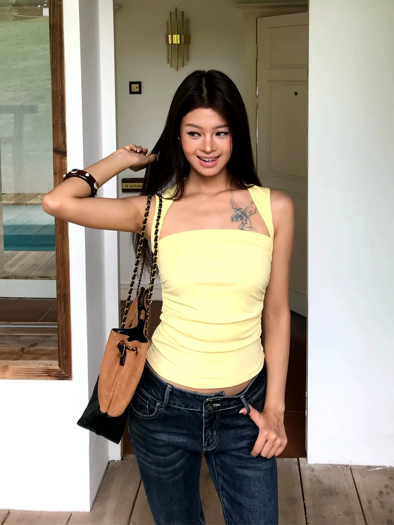 Y2K Slim Fit Square Neck Ruched Camisole, Summer Double Layer Mesh Lined Tank Top