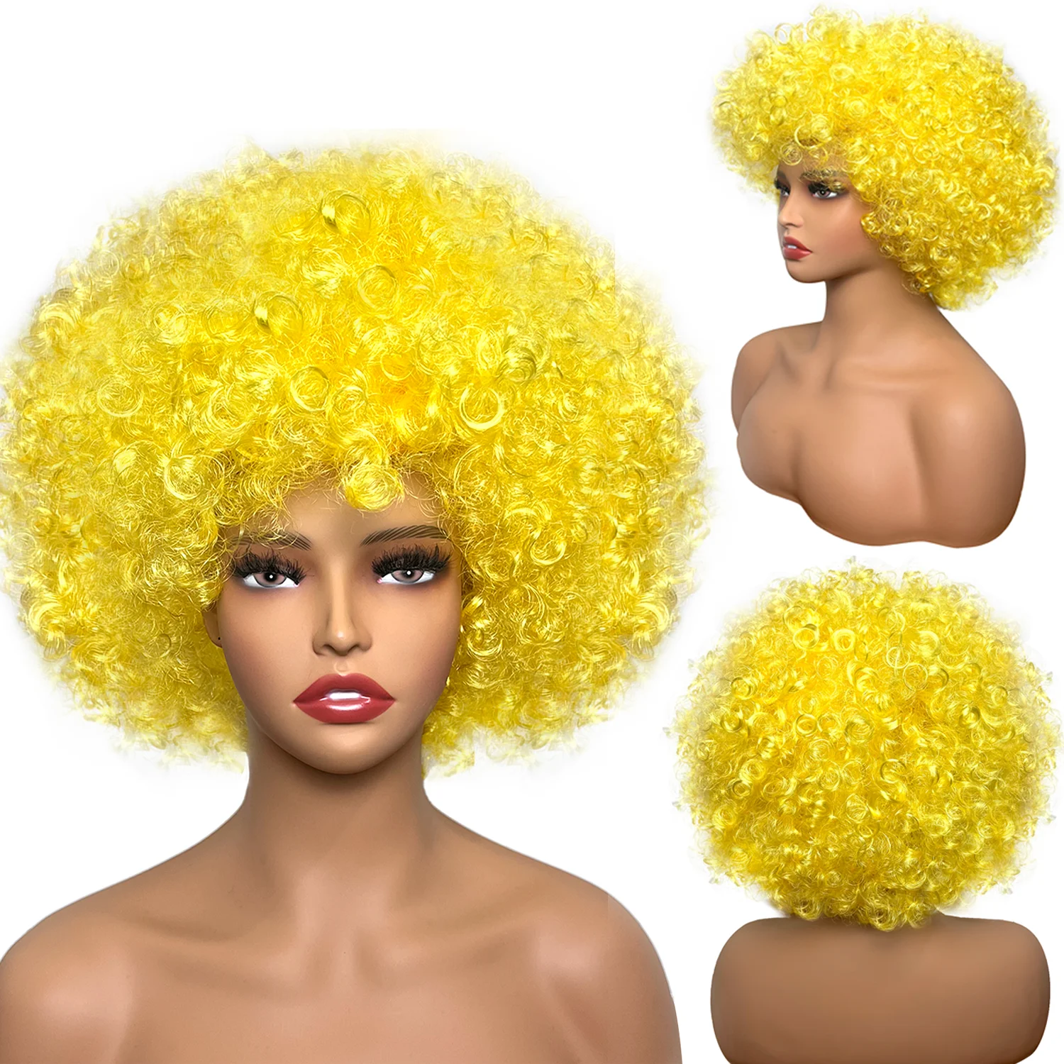 Synthetic Wigs Cosplay Wig Yellow Hair Short Afro Hair Men Women Party Halloween Disco Wig 12Inch